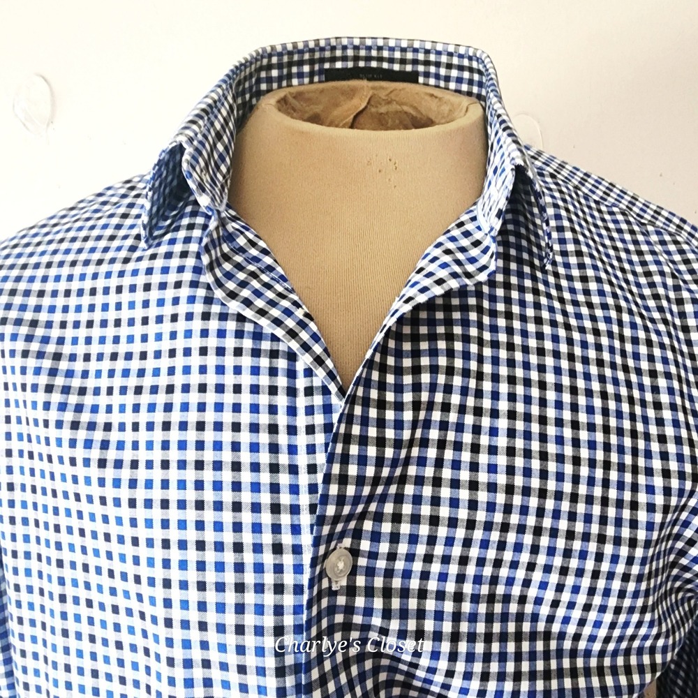 Banana Republic Button Up Blue/Black Gingham Mens M Non-Iron Slim Fit Shirt